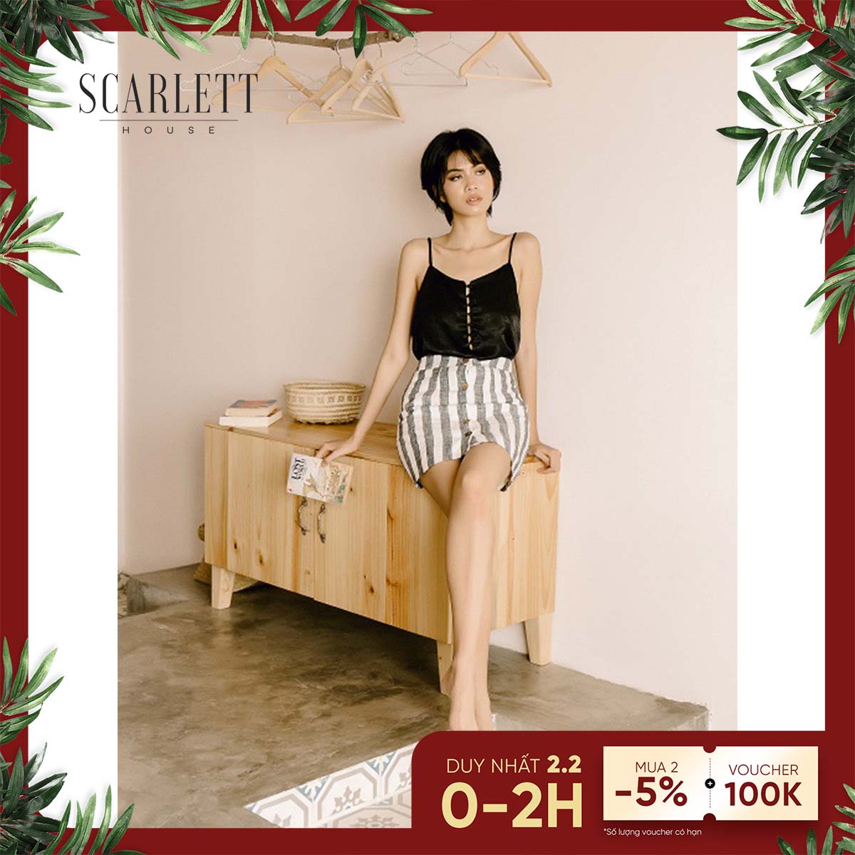 (Voucher 25K)Scarlett House_Váy Linen Sọc Đứng Nút Gỗ Vintage