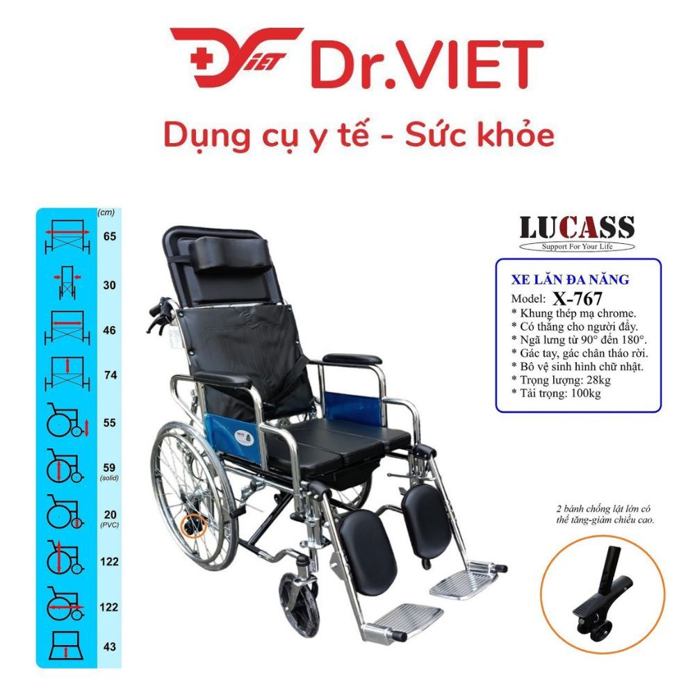 Xe Lăn Đa Năng Có Bô Ngả Nằm, Chống Lật Lucass X-767