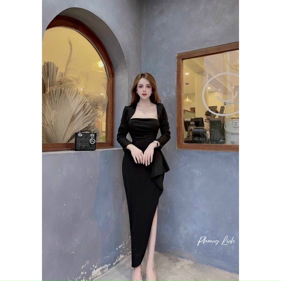 ĐẦM CỔ TÂY TAY DÀI BÈO LAI 2 MÀU Y HÌNH