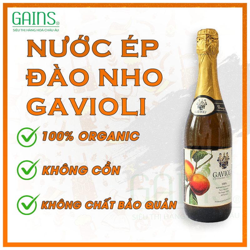 NƯỚC ÉP NHO ĐÀO CÓ GAS GAVIOLI NHẬP KHẨU 100% TỪ Ý,CHĂM SÓC SỨC KHỎE TIM MẠCH,TĂNG CƯỜNG HỆ MIỄN DỊCH HIỆU QUẢ