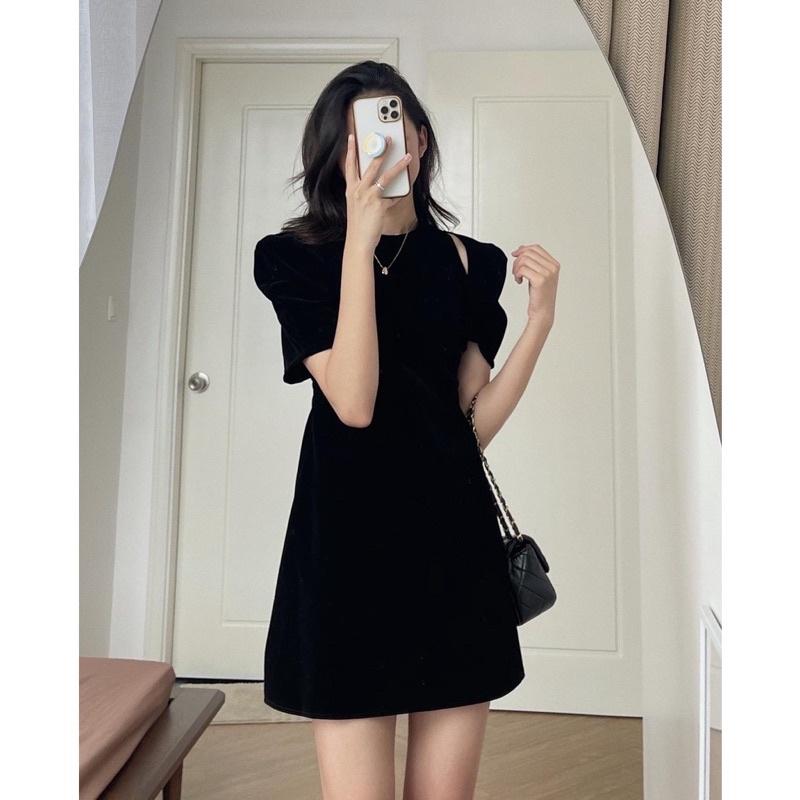 Đầm váy nhung đỏ tay bồng xẻ vai tiểu thư