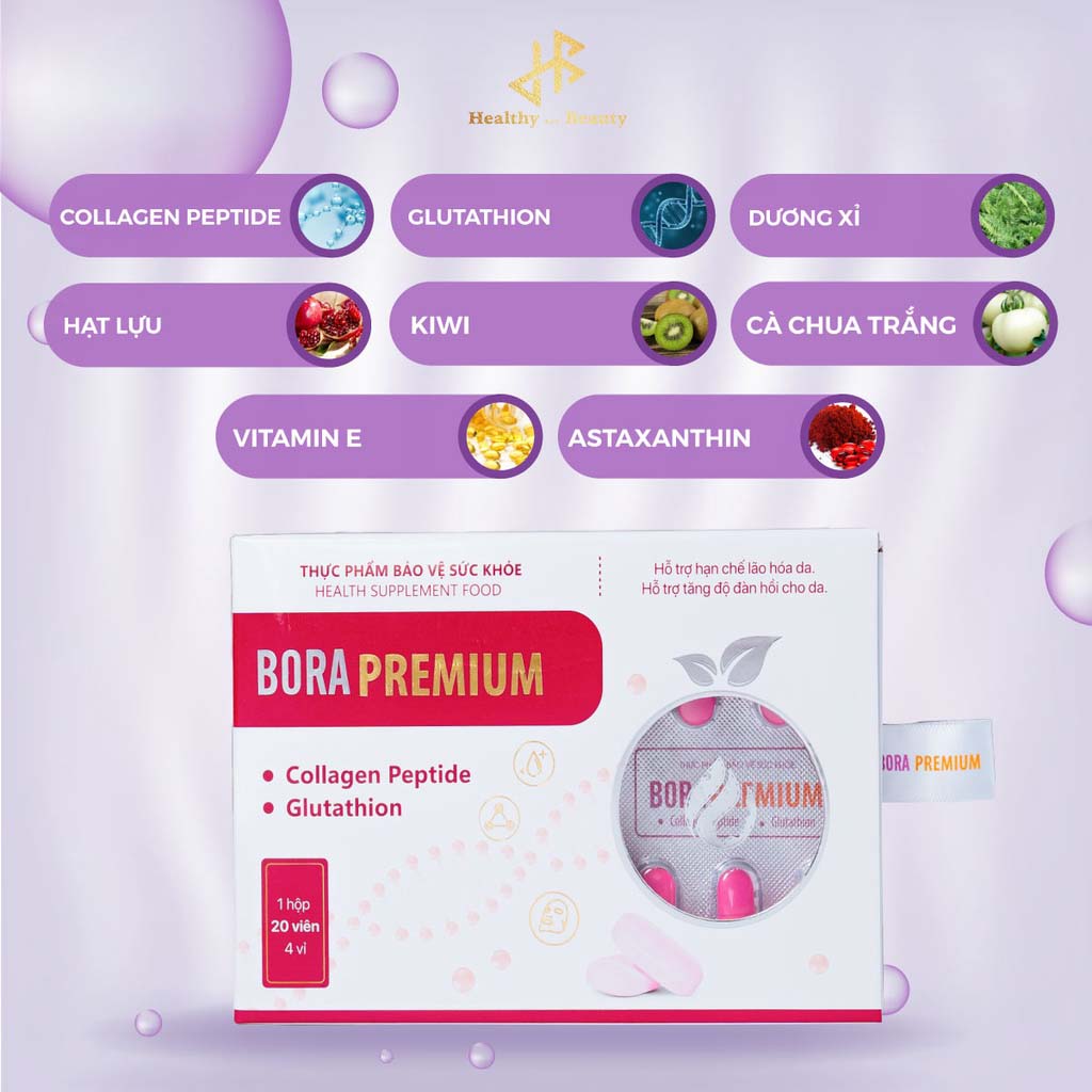 Viên uống trẻ hóa và trắng da Bora Premium hộp 20 viên