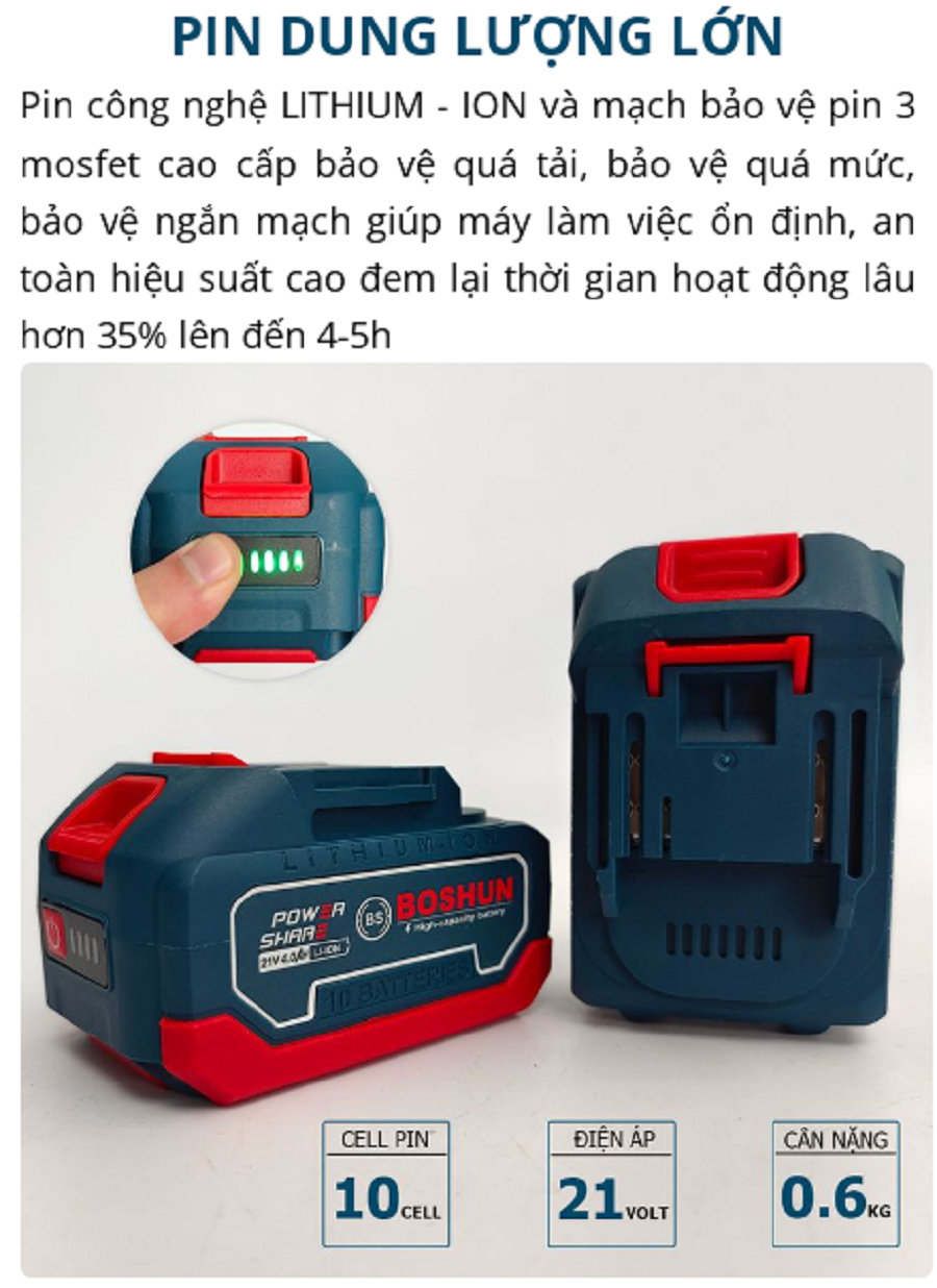 Máy Khoan Pin Boshun BS-ID1390BL Có Búa, Động Cơ Không Chổi Than 100% Lõi Đồng, Đầu AutoLock 13mm