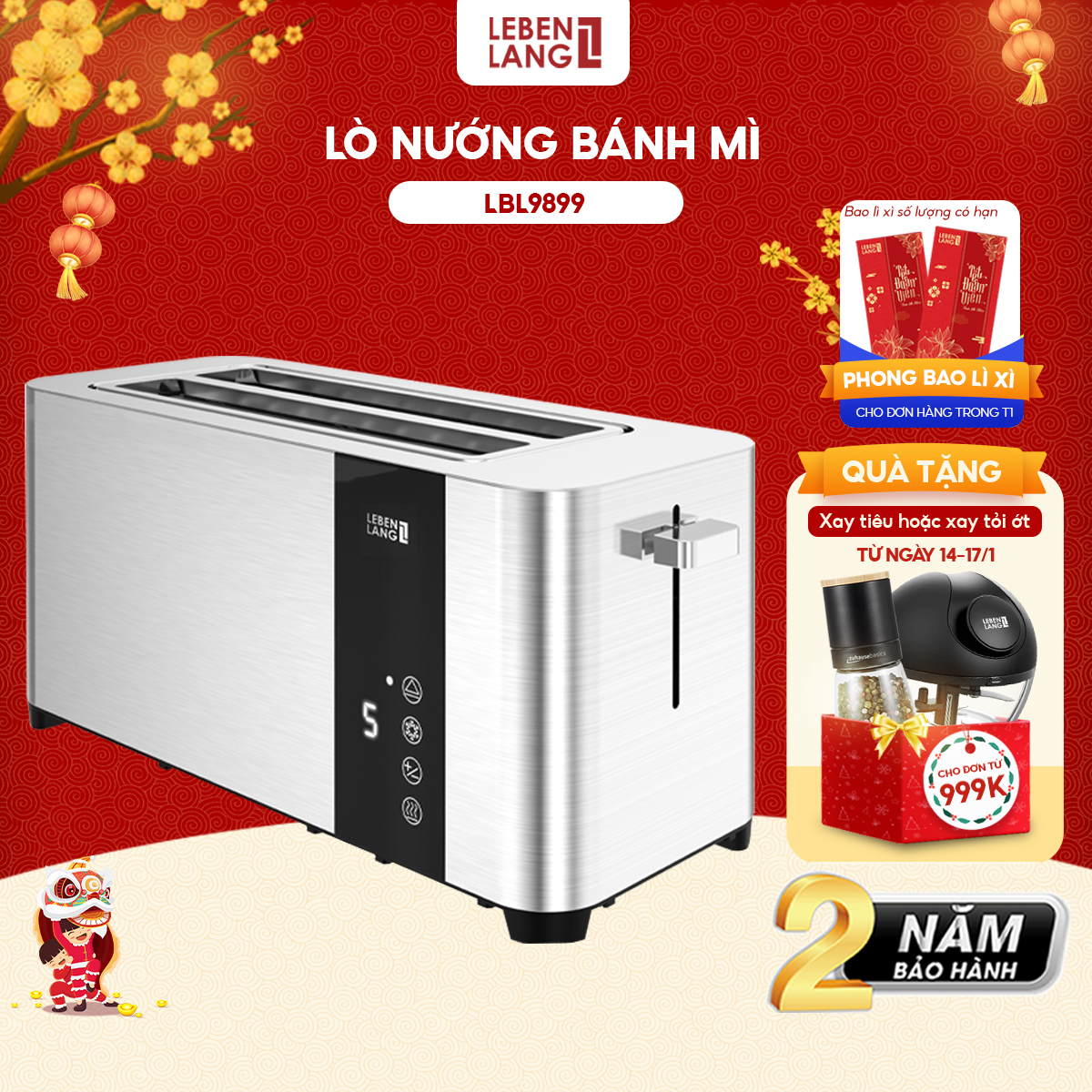 Máy nướng bánh mì Lebenlang LBL9899, dùng hâm nóng, nướng bánh sandwich 850W, bảo hành 2 năm - hàng chính hãng