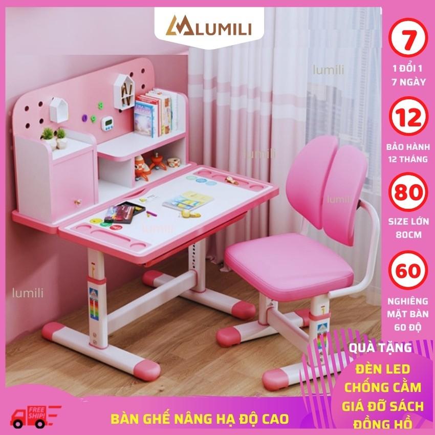 Bàn ghế học sinh Lumili R16 có giá sách, bộ bàn học chống gù thông minh kèm kệ sách cho trẻ em điều chỉnh nâng hạ độ cao