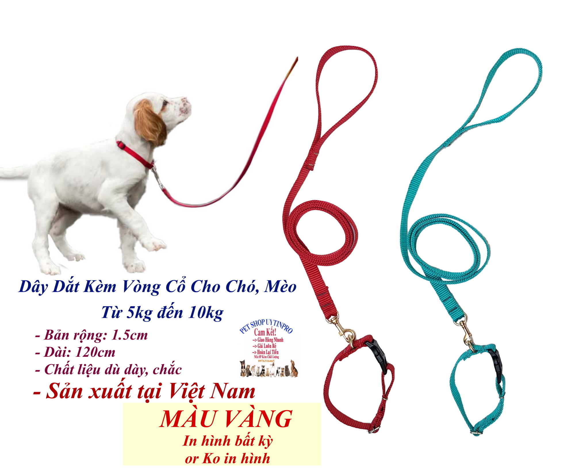 Dây dắt kèm vòng cổ cho Chó Mèo từ 5kg đến 10kg Bản rộng 1.5cm Không in hình Chất liệu dù dày, Bền, Chắc, Cao cấp