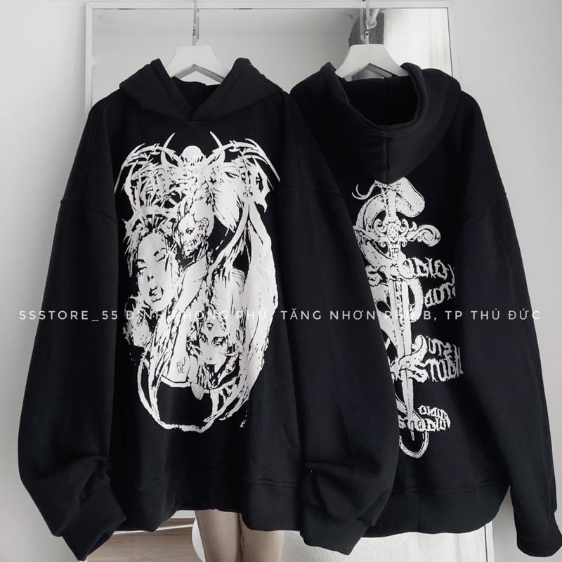 Áo Hoodie nỉ vah v2 màu đen form rộng unisex nam nữ