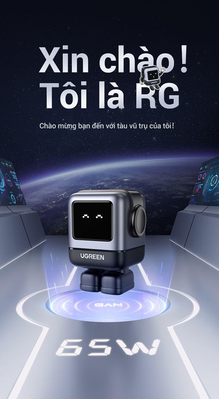 Ugreen 15570 65W 2c1a RG robotGaN with LCD bộ sạc Nexode robot chuẩn PD GaN 3 cổng chân cắm dẹp US RoboGaN màu xám đen 2 cổng usb type c và 1A Ugreen CD361 - Hàng Chính Hãng