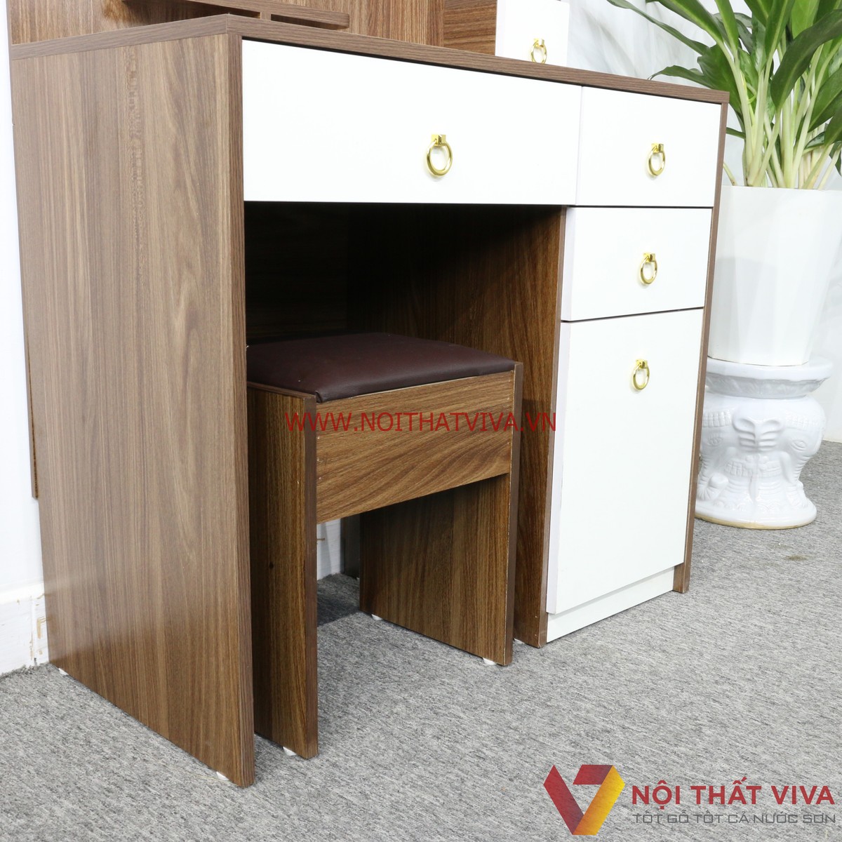 Bàn Trang Điểm Gỗ MDF Melamine Màu Óc Chó Phối Trắng Đẹp Hiện Đại