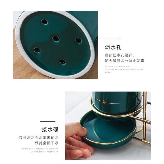 Bộ 3 ống đựng đũa bằng sứ màu xanh ngọc khung kim loại sơn tĩnh điện chống rỉ