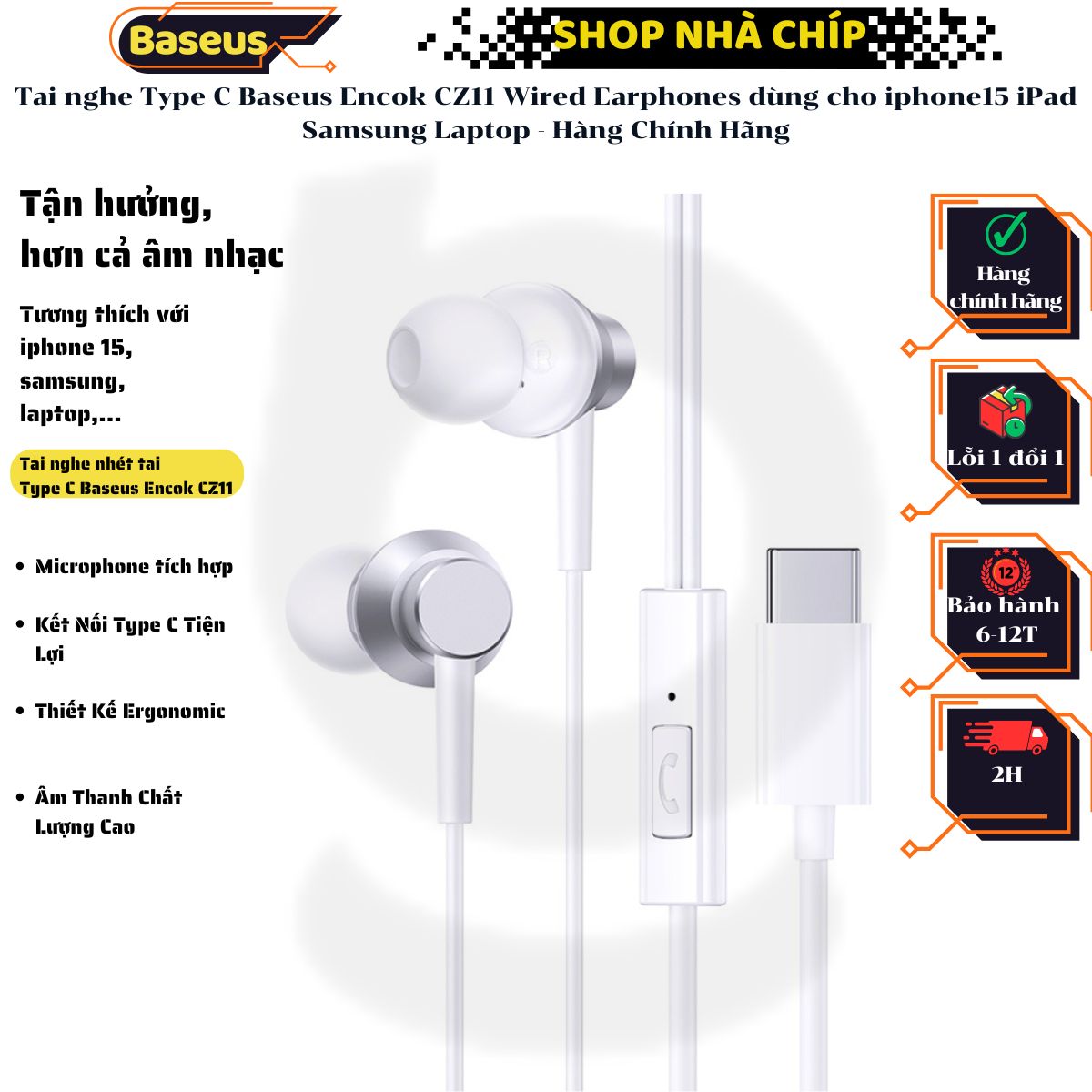 Tai nghe Type C Baseus Encok CZ11 Wired Earphones dùng cho iphone15 iPad Samsung Laptop - Hàng Chính Hãng