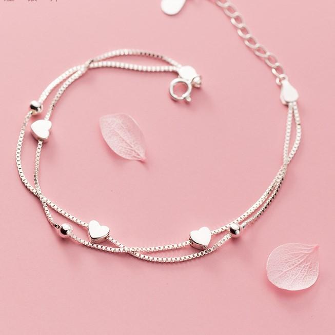 Lắc Tay Bạc Italy Dáng Kép Đính Tim Xinh Xắn L2614 - Bảo Ngọc Jewelry