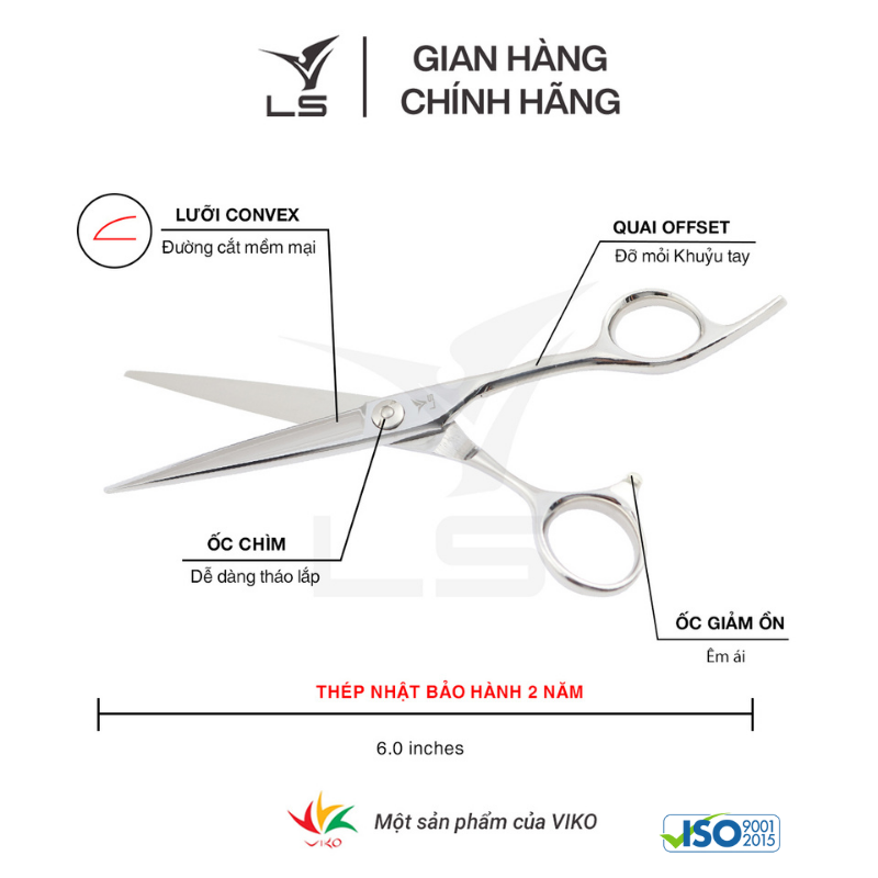 Kéo cắt tóc LS lưỡi thẳng quai offset vênh đỡ ngón cố định CB13/6.0