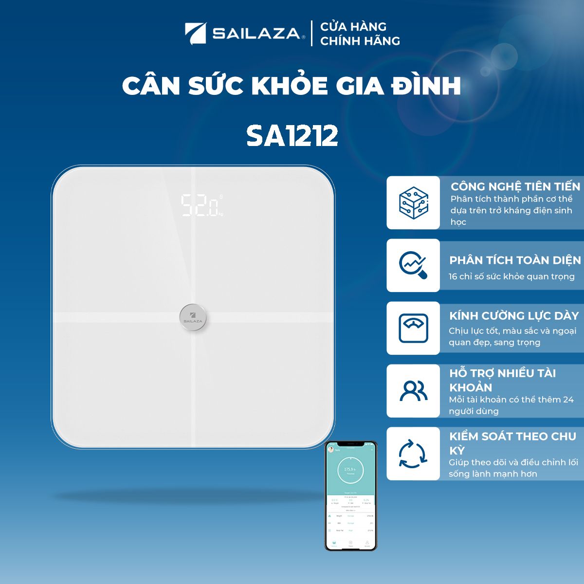 Cân điện tử thông minh, cân sức khỏe cao cấp chính hãng SAILAZA SA-1212
