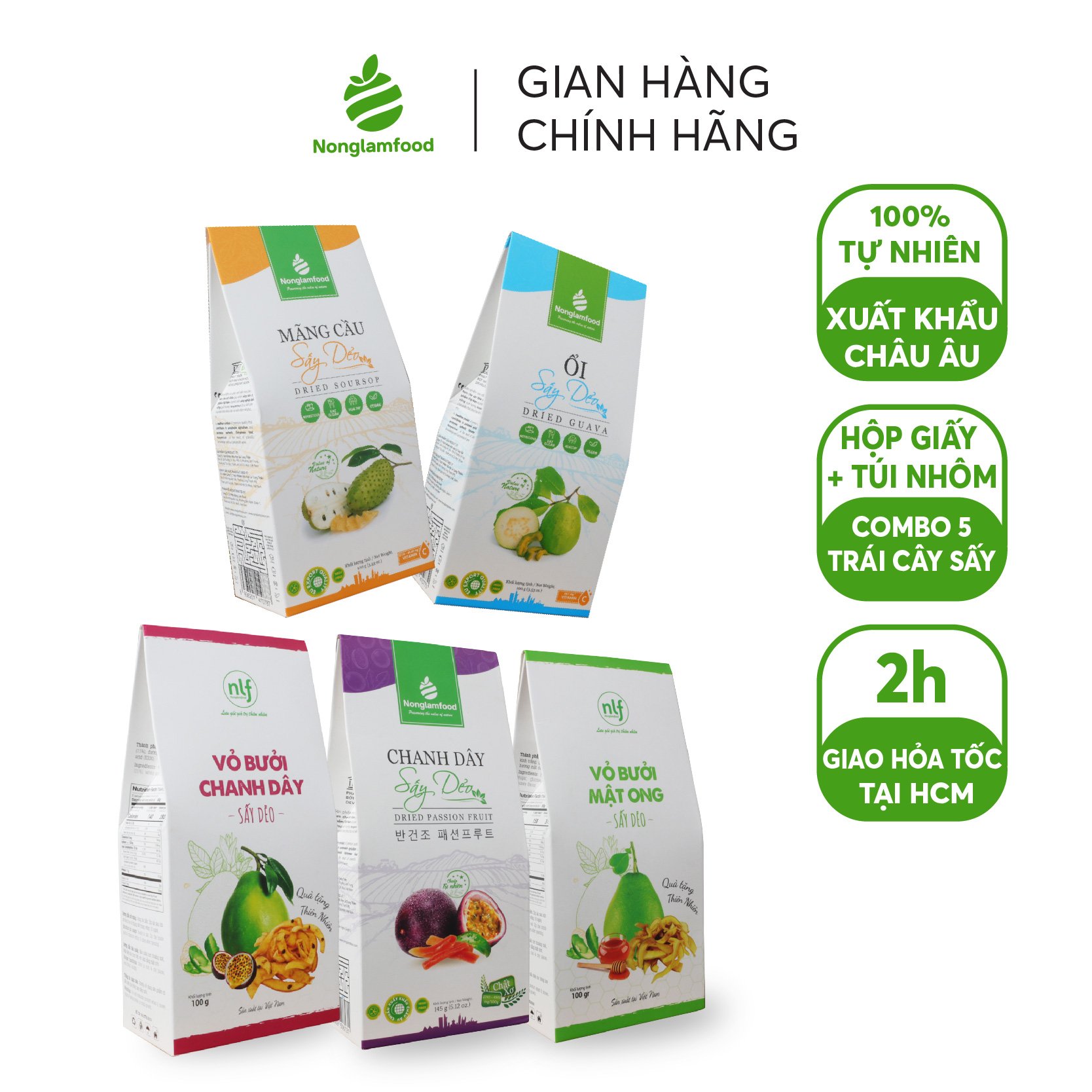 Combo Giàu chất xơ - 5 Hộp trái cây sấy Nonglamfood | Siêu Khoáng Chất | Tăng sức đề kháng | Chuẩn xuất khẩu châu Âu