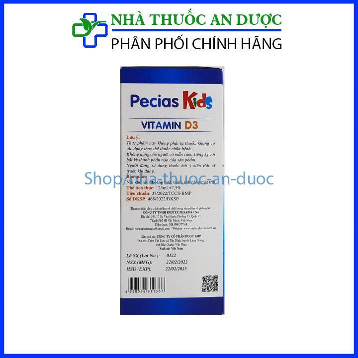 Vitamin D3 Pecias Kids bổ sung Canxi và Vitamin D3, hỗ trợ xương răng chắc khoẻ - 125ml