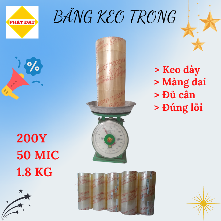 Băng keo trong 1,8Kg, 200Y, Lõi 5li, keo dày, màng dai, đủ cân, đúng lõi, giá xưởng, hàng có sẵn giao ngay