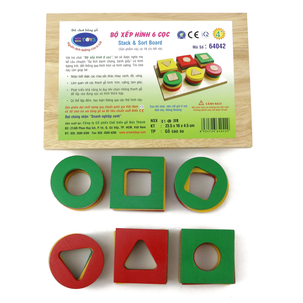 Đồ chơi thả hình hình khối, Bộ xếp 6 cọc - Đồ chơi gỗ Winwintoys