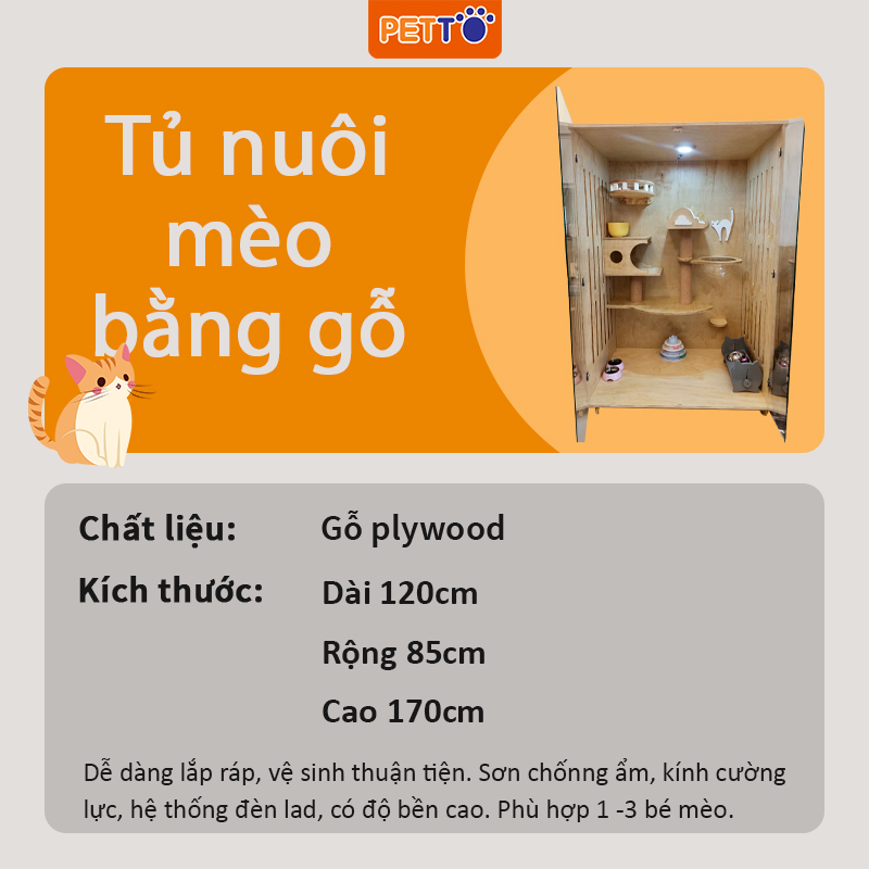 Tủ nuôi mèo PETTO bằng GỖ thiết kế chắc chắn kết hợp nhiều đồ chơi bắt mắt theo phong cách hàn quốc CC048