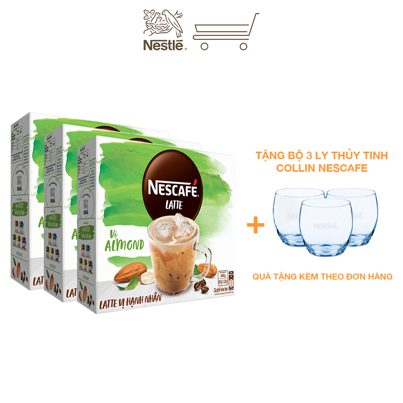 [Tặng bộ 3 ly thủy tinh] Combo 3 hộp cà phê hòa tan Nescafé Latte sữa hạt vị hạnh nhân (Hộp 10 gói x 24g)