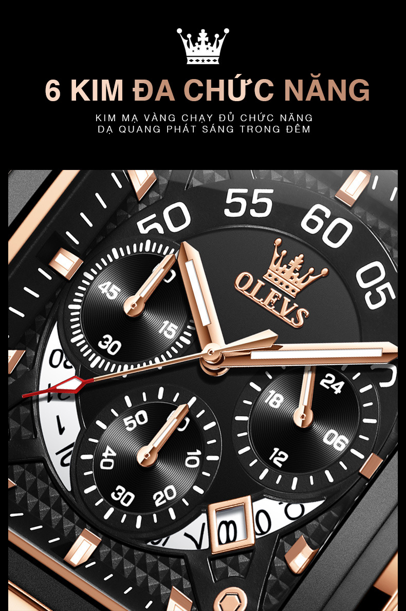 Đồng Hồ Nam OLEVS-9919 Mặt Vuông Cá Tính Mạ Vàng 18K Phong Cách Chronograph Chạy Đủ 6 Kim Có Ô Lịch Ngày, Dây Da Mềm, Rửa Tay Đi Mưa Bơi Lội