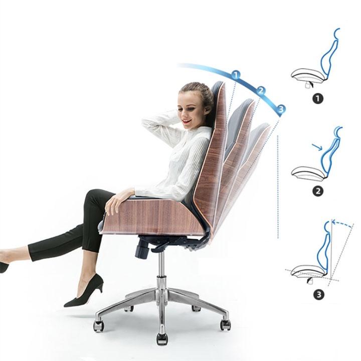 Ghế xoay văn phòng cho giám đốc bọc da PU lưng ốp gỗ cao cấp chống mỏi lưng BJ701, Ghế văn phòng làm việc lưng cao