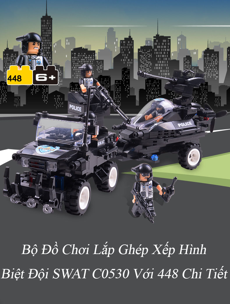 Đồ Chơi Lắp Ghép Xếp Hình Biệt Đội SWAT C0530 Với 448 Chi Tiết - Tặng Kèm 01 Tranh Ghép Bằng Gỗ.