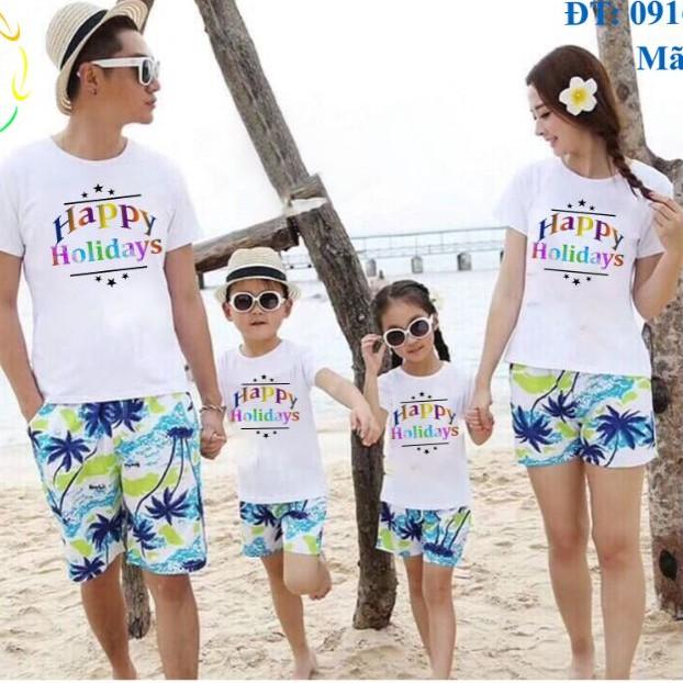 Đồ đi biển dành cho gia đình quần dừa áo in họa tiết Happy Holiday xinh xắn ( giá 1 bộ gồm 1 quần +1 áo)
