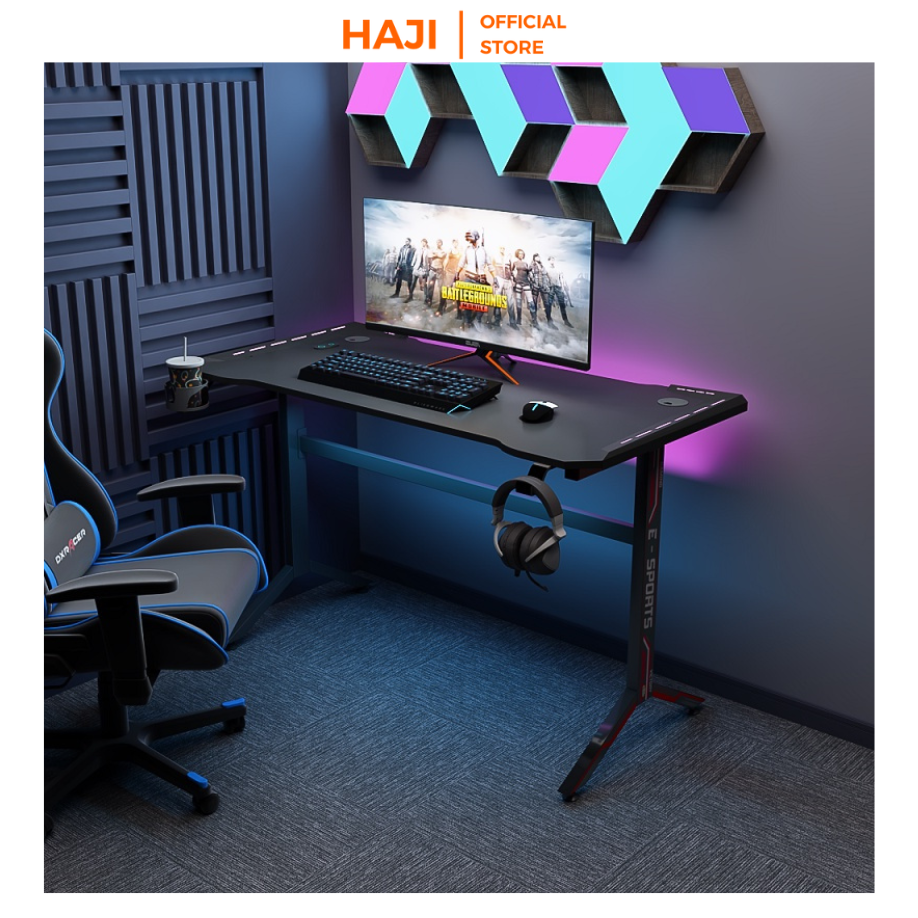 Bàn gaming, bàn làm việc có đèn led viền bàn HAJI, chân sắt chữ Y sơn tĩnh điện chống gỉ C72