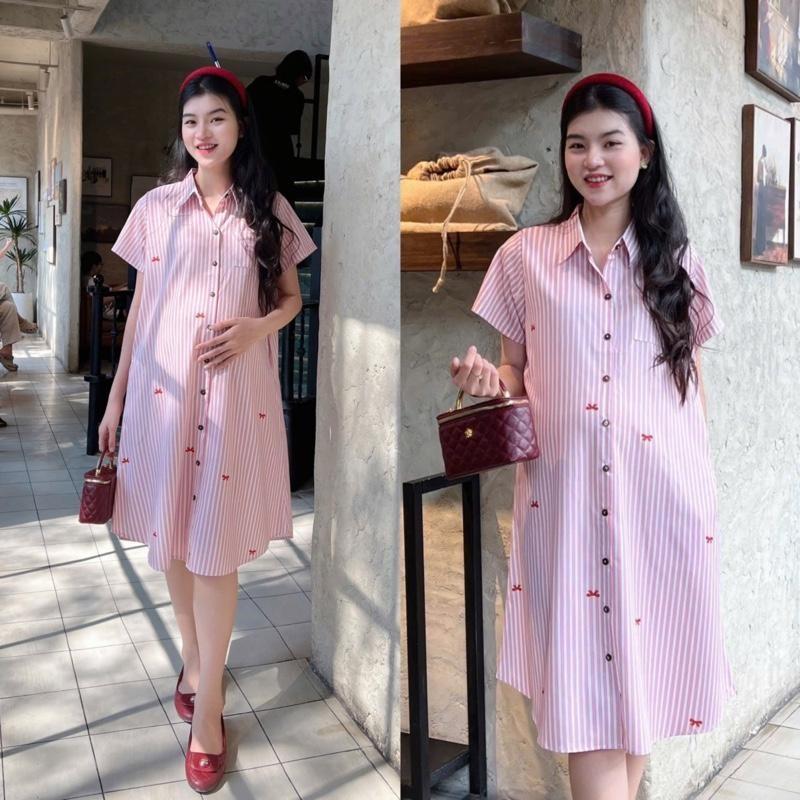 Đầm Bầu Form Dáng Sơ Mi Sọc Xinh Chất Cotton Lụa Mềm Mát, Váy Bầu Cá Tính Size M L - Hồng