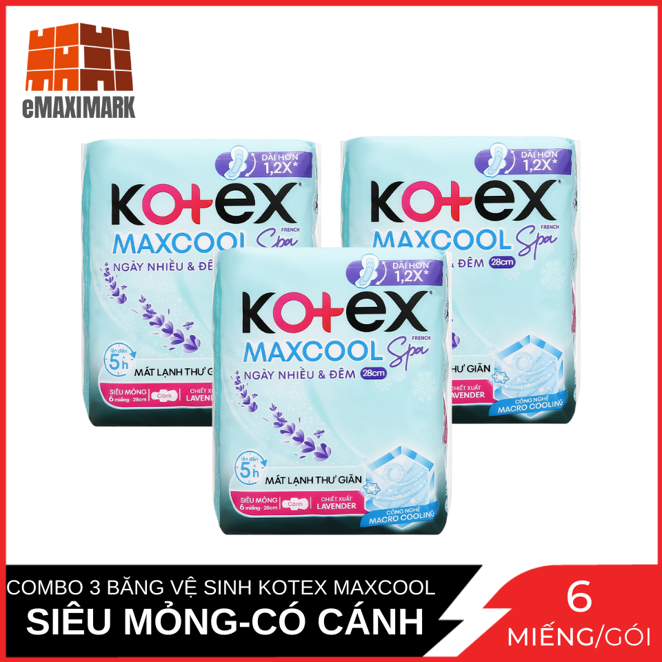 Combo 3 Băng Vệ Sinh Kotex Maxcool Nhiều ngày &amp; đêm 28cm 6 miếng