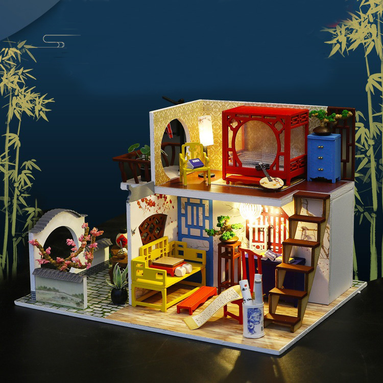 Mô hình nhà DIY Doll House Leisurely Jiangnan Kèm Đèn LED và Mica chống bụi