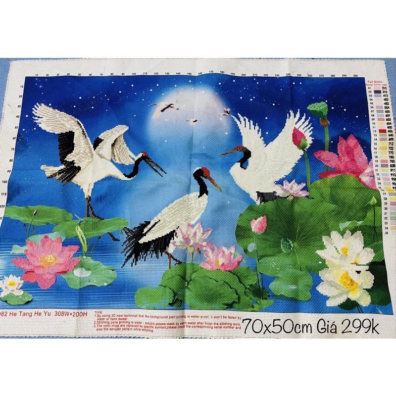 Tranh thêu hạc hoa sen phú quý bình an 3D