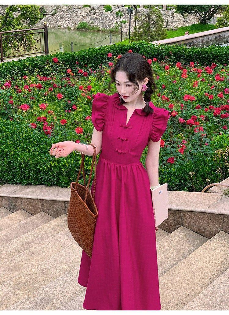 SHUANGYAN Phong cách Pháp phục cổ màu đỏ Tiểu Phi tay áo đầm nữ mùa hè thu eo lộ ra gầy chữ A váy đầm khí chất cao cấp cảm giác váy dài