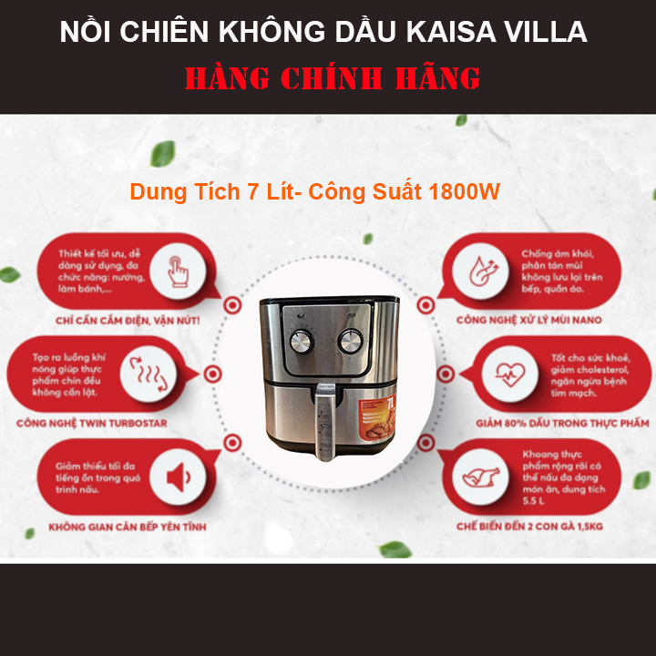 Nồi chiên không dầu KAISA_VILLA CAO CẤP dung tích 7L 1800W- Hàng Chính Hãng