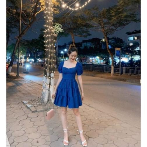 Đầm lụa xoè nhún tầng tay phồng