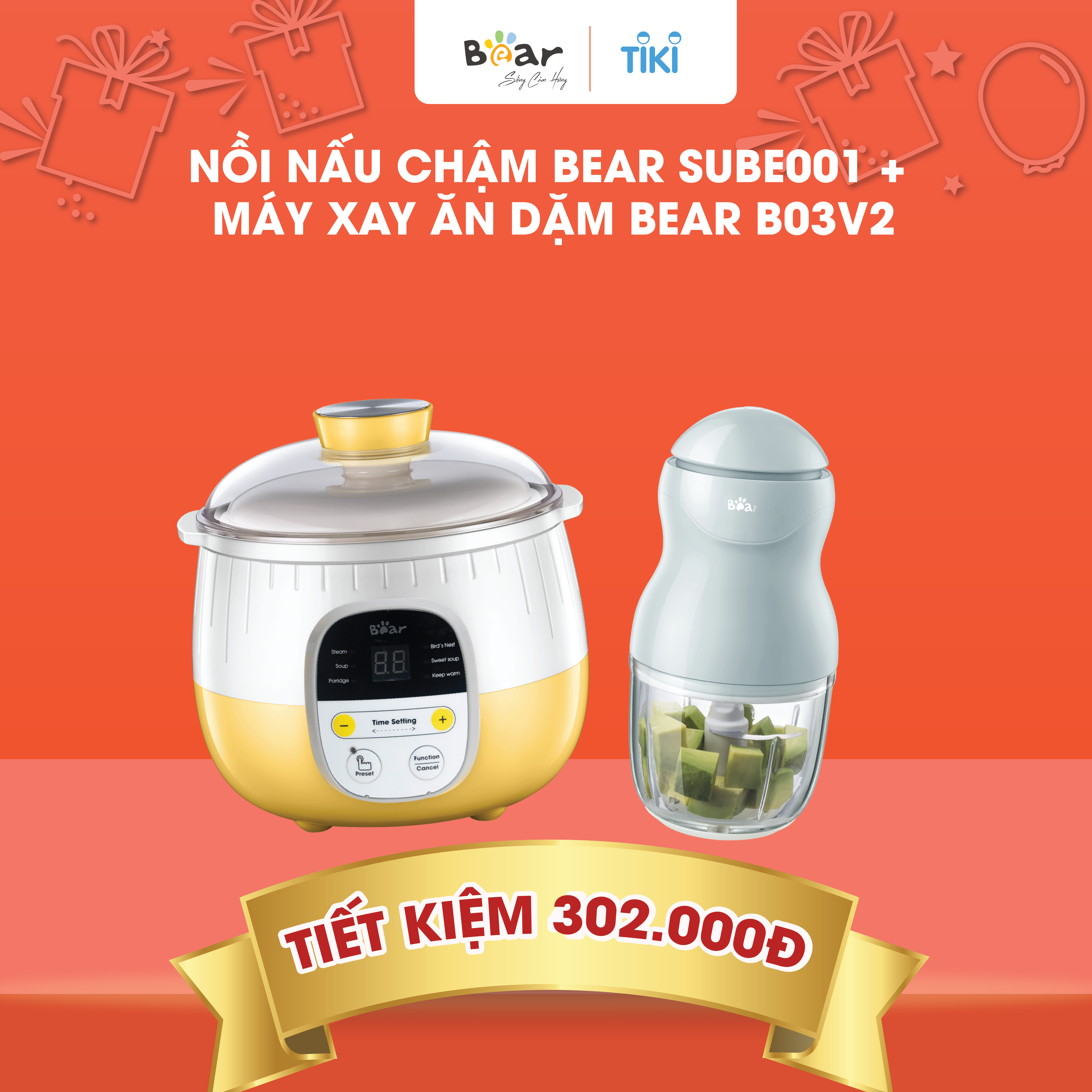 Combo Nồi Nấu Chậm 0,8L SUBE001 + Máy Xay Ăn Dặm 0,3L B03V2 cháo, chưng yến dinh dưỡng, tiện dụng - Hàng Chính Hãng