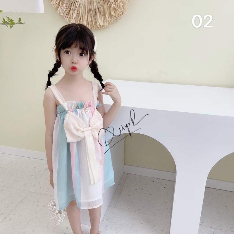Váy 2 dây phối nơ màu sắc cho bé gái