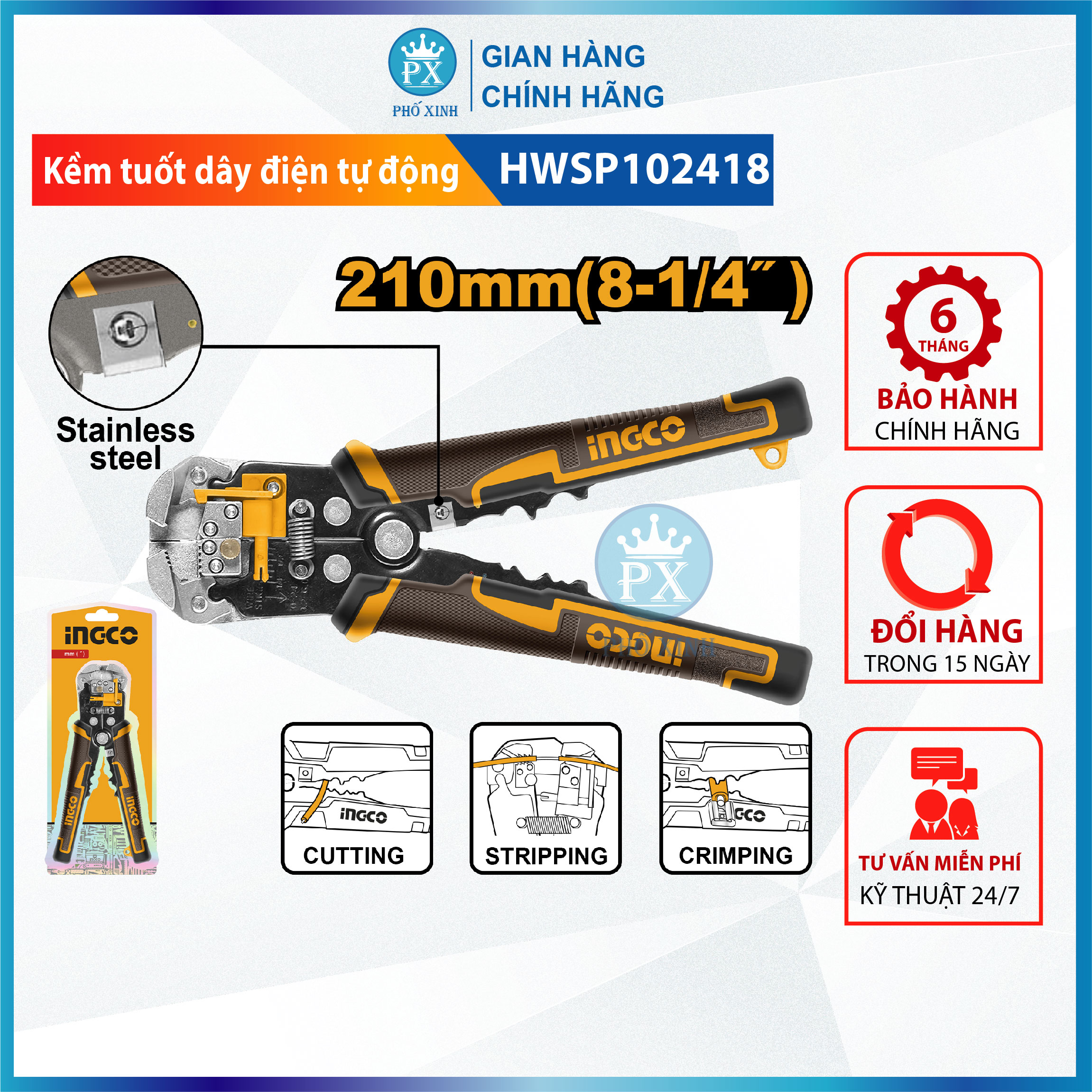 Kìm tuốt dây điện tự động INGCO HWSP102418