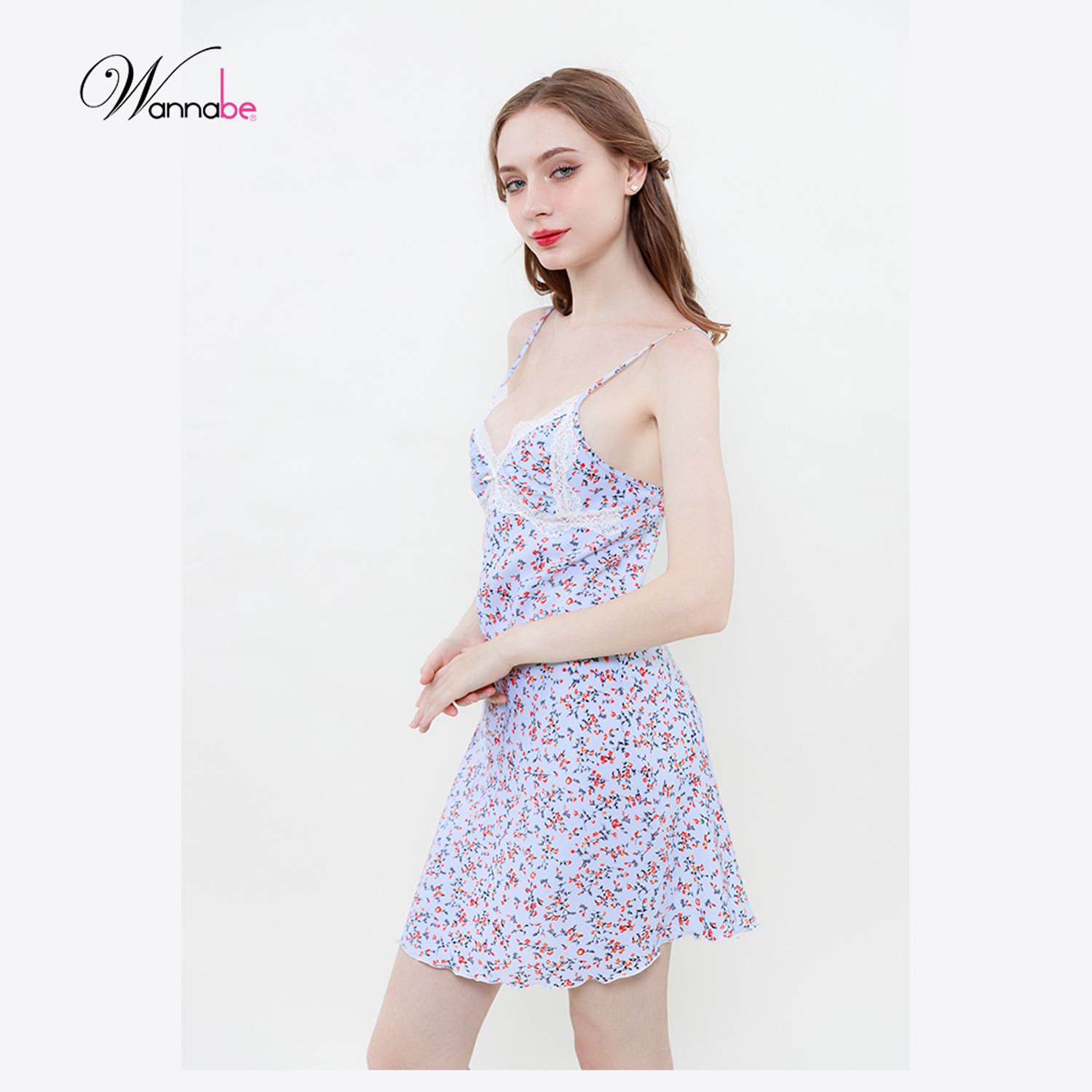 Đầm ngủ lụa WANNABE váy ngủ DNS93 áo ngủ 2 dây nhúng phồng cúp ngực phối ren lượn sóng tạo sự đầy đặn cho vòng 1 bạn gái