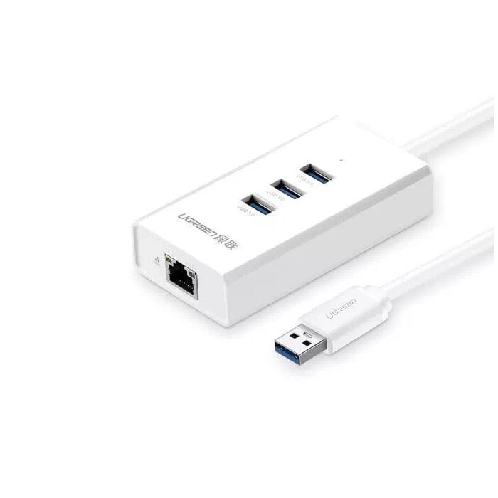 Cáp chuyển đổi USB 3.0 Sang 1*Lan RJ45 hổ trợ 10/100Mbps, 3*USB 3.0 dây dài 50cm màu Trắng Ugreen UNW20262CR102 hàng chính hãng