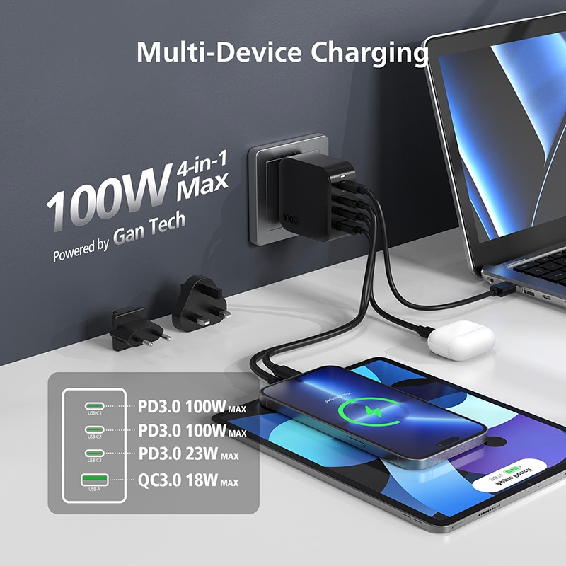 Bộ củ sạc + Cáp MicroPack POWER SERVER GaN 100W MWC-4100 Nhiều Đầu Ra 03xUSB-C Và 01xUSB-A Sạc Siêu Nhanh Nhỏ Gọn Hàng Chính Hãng