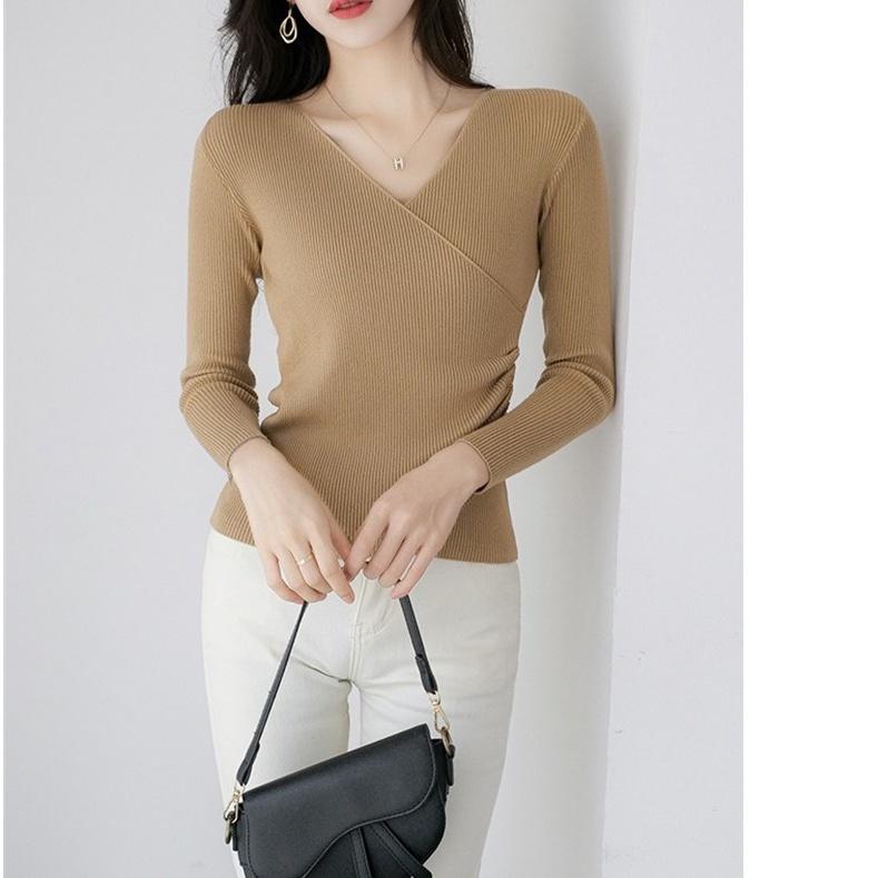 Áo len kiểu nữ cổ tim dài tay len dệt kim Quảng Châu mềm mịn co giãn mặc mùa thu đông mã VAA0455 - M02 Đen
