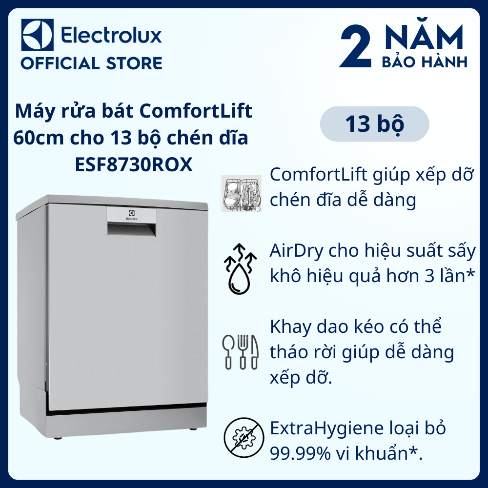 [Free Giao lắp] Máy rửa bát đứng độc lập Electrolux ComfortLift 60cm cho 13 bộ chén dĩa, sấy khô hơn đến 3 lần, tiết kiệm điện và nước [Hàng chính hãng]