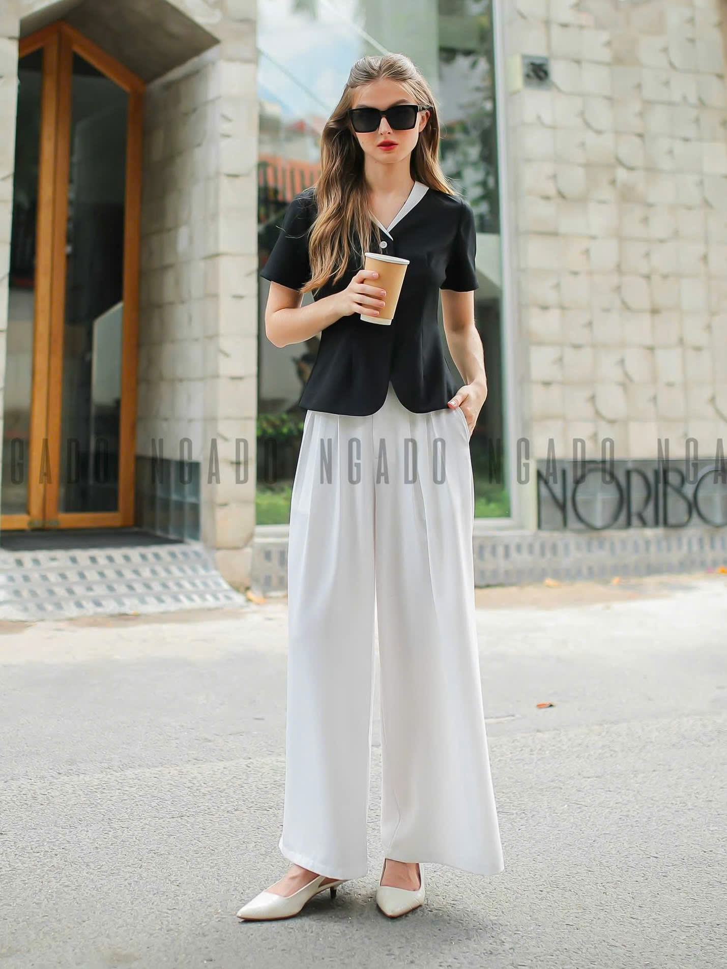 Set áo quần đen cổ viền trắng NGADO , set áo quần dài