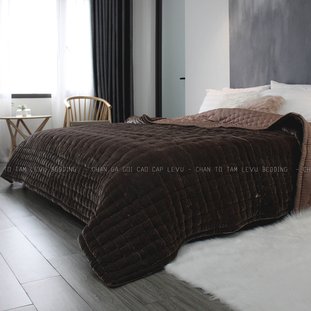 Chăn Nhung Lụa Chần Bông Điều Hòa Cao Cấp Dùng Bốn Mùa - Chăn Khâu Sa Hạt Màu Coffee Blue I Silk Velvet Blanket.
