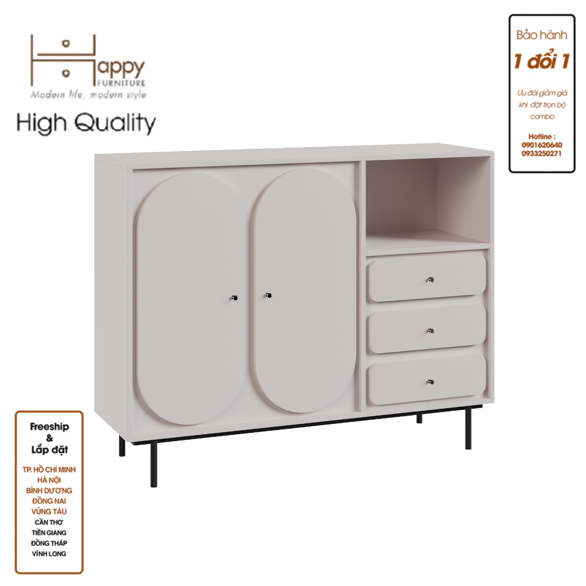 [Happy Home Furniture] SWEETY, Tủ đựng đồ 2 cửa mở 3 ngăn kéo - chân sắt, 128cm x 40cm x 100cm ( DxRxC), TCM_063