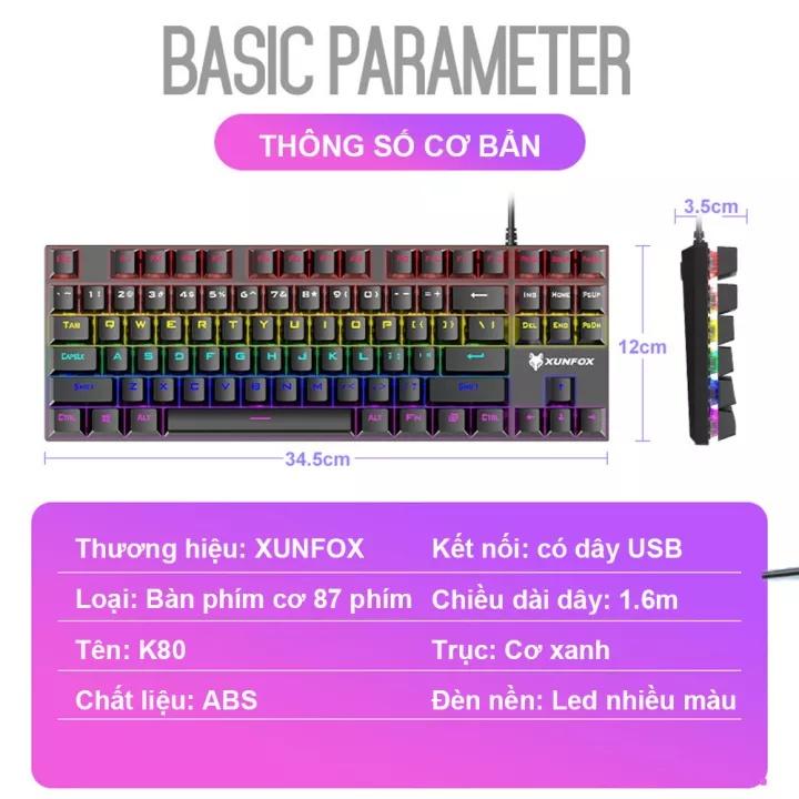 Bàn phím cơ K80 có dây trục màu xanh lá cây, bề mặt kim loại phát sáng dùng cho laptop máy tính cây chơi game