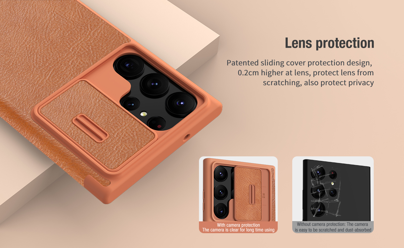Bao da chống sốc cho Samsung Galaxy S23 Ultra hiệu Nillkin Qin Pro trang bị nắp bảo vệ Camera - hàng nhập khẩu
