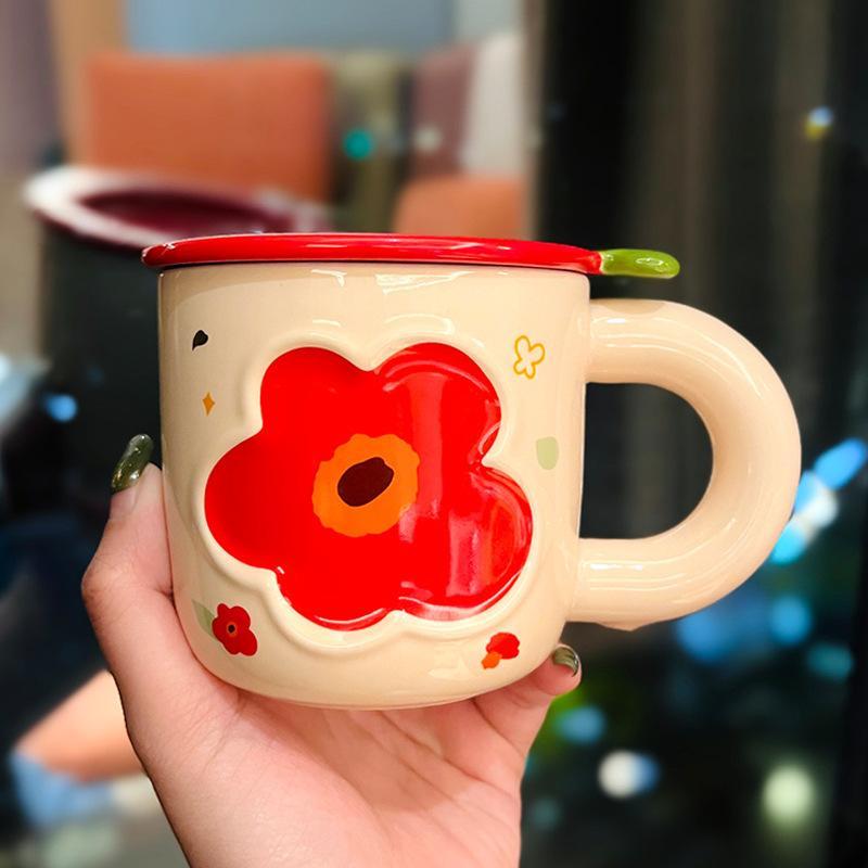 Cốc Sứ Hoa Cúc Có Nắp Tặng Kèm Thìa Bông Hoa Thích Hợp Cafe Văn Phòng, Tặng Quà